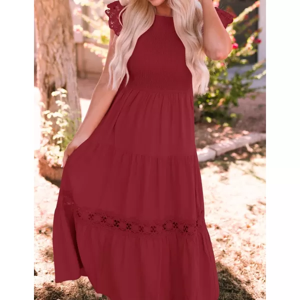 imageZESICA Womens 2023 Casual Crew Neck Flutter Sleeve Smocked High Waist Hollow Out Lace Trim Tiered A Line Midi DressWine