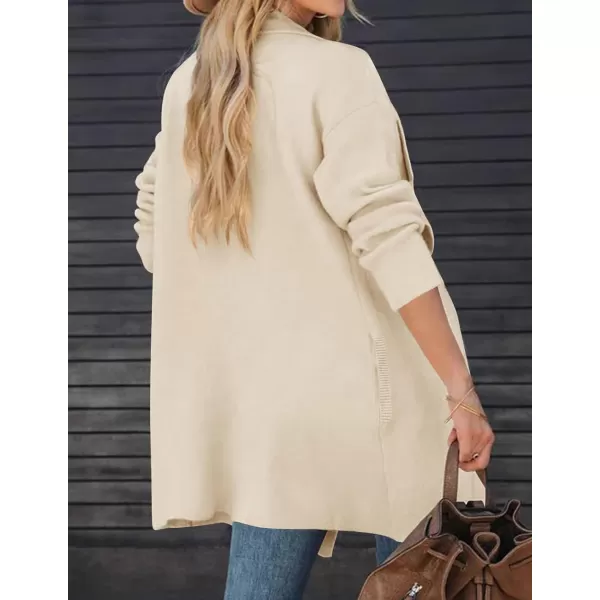 imageZESICA Womens 2023 Casual Lapel Cardigan Long Sleeve Open Front Irregular Hem Soft Knitted Sweater Coat with PocketsBeige