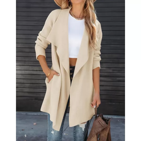 imageZESICA Womens 2023 Casual Lapel Cardigan Long Sleeve Open Front Irregular Hem Soft Knitted Sweater Coat with PocketsBeige