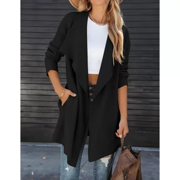 imageZESICA Womens 2023 Casual Lapel Cardigan Long Sleeve Open Front Irregular Hem Soft Knitted Sweater Coat with PocketsBlack