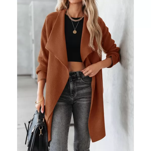 imageZESICA Womens 2023 Casual Lapel Cardigan Long Sleeve Open Front Irregular Hem Soft Knitted Sweater Coat with PocketsCaramel
