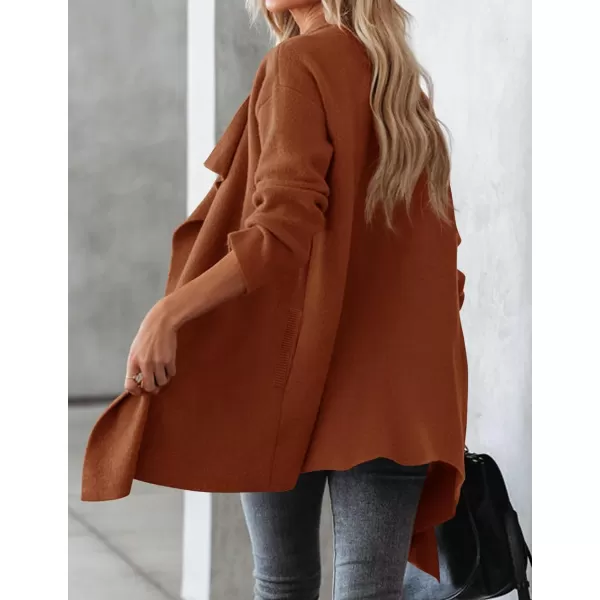 imageZESICA Womens 2023 Casual Lapel Cardigan Long Sleeve Open Front Irregular Hem Soft Knitted Sweater Coat with PocketsCaramel
