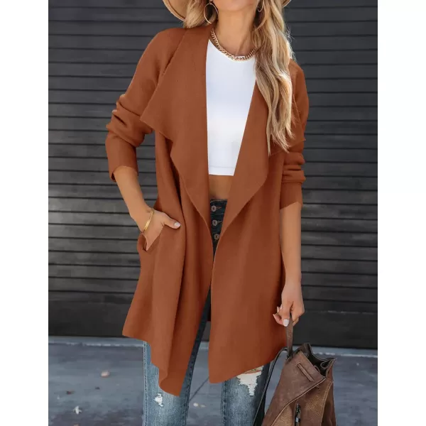 imageZESICA Womens 2023 Casual Lapel Cardigan Long Sleeve Open Front Irregular Hem Soft Knitted Sweater Coat with PocketsCaramel