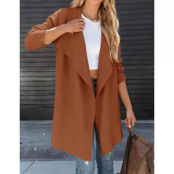 imageZESICA Womens 2023 Casual Lapel Cardigan Long Sleeve Open Front Irregular Hem Soft Knitted Sweater Coat with PocketsCaramel
