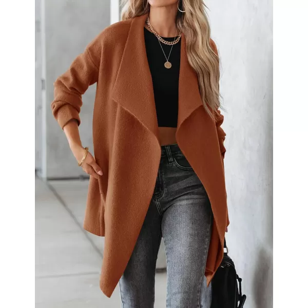 imageZESICA Womens 2023 Casual Lapel Cardigan Long Sleeve Open Front Irregular Hem Soft Knitted Sweater Coat with PocketsCaramel