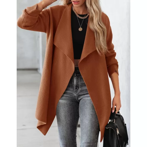 imageZESICA Womens 2023 Casual Lapel Cardigan Long Sleeve Open Front Irregular Hem Soft Knitted Sweater Coat with PocketsCaramel