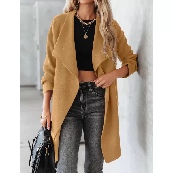 imageZESICA Womens 2023 Casual Lapel Cardigan Long Sleeve Open Front Irregular Hem Soft Knitted Sweater Coat with PocketsKhaki