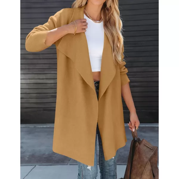 imageZESICA Womens 2023 Casual Lapel Cardigan Long Sleeve Open Front Irregular Hem Soft Knitted Sweater Coat with PocketsKhaki