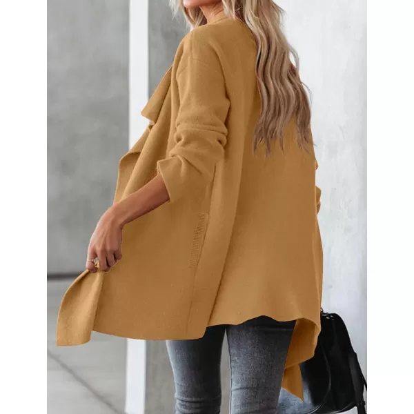imageZESICA Womens 2023 Casual Lapel Cardigan Long Sleeve Open Front Irregular Hem Soft Knitted Sweater Coat with PocketsKhaki