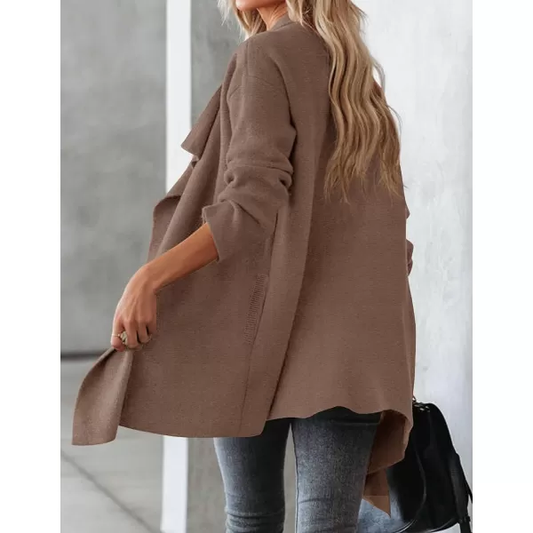 imageZESICA Womens 2023 Casual Lapel Cardigan Long Sleeve Open Front Irregular Hem Soft Knitted Sweater Coat with PocketsMocha
