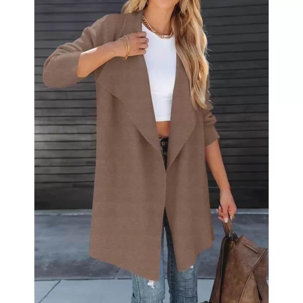imageZESICA Womens 2023 Casual Lapel Cardigan Long Sleeve Open Front Irregular Hem Soft Knitted Sweater Coat with PocketsMocha