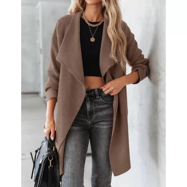 imageZESICA Womens 2023 Casual Lapel Cardigan Long Sleeve Open Front Irregular Hem Soft Knitted Sweater Coat with PocketsMocha