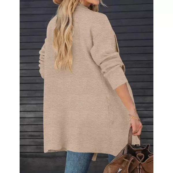imageZESICA Womens 2023 Casual Lapel Cardigan Long Sleeve Open Front Irregular Hem Soft Knitted Sweater Coat with PocketsOats