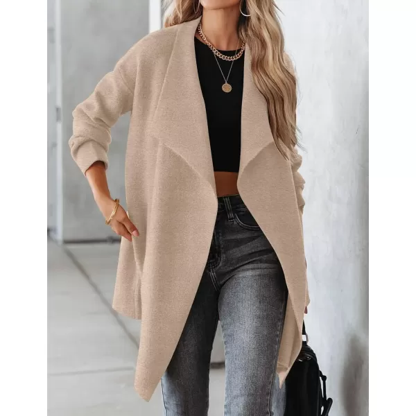 imageZESICA Womens 2023 Casual Lapel Cardigan Long Sleeve Open Front Irregular Hem Soft Knitted Sweater Coat with PocketsOats