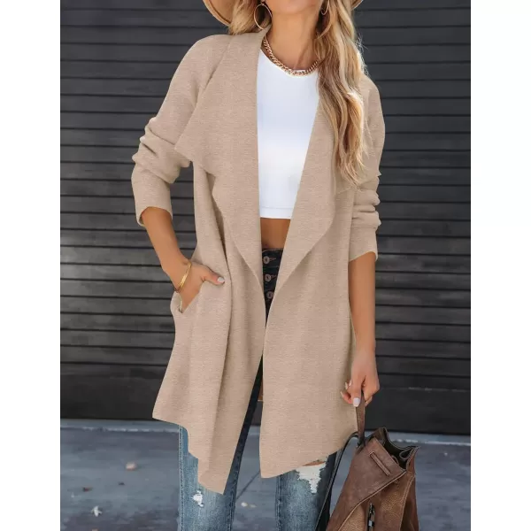 imageZESICA Womens 2023 Casual Lapel Cardigan Long Sleeve Open Front Irregular Hem Soft Knitted Sweater Coat with PocketsOats