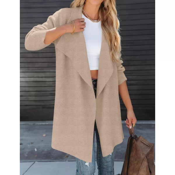 imageZESICA Womens 2023 Casual Lapel Cardigan Long Sleeve Open Front Irregular Hem Soft Knitted Sweater Coat with PocketsOats