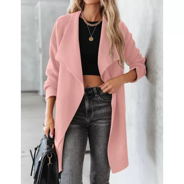 imageZESICA Womens 2023 Casual Lapel Cardigan Long Sleeve Open Front Irregular Hem Soft Knitted Sweater Coat with PocketsPink