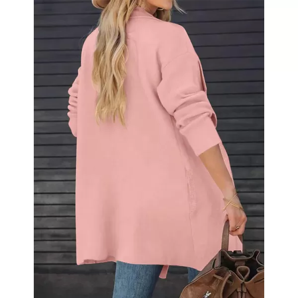 imageZESICA Womens 2023 Casual Lapel Cardigan Long Sleeve Open Front Irregular Hem Soft Knitted Sweater Coat with PocketsPink