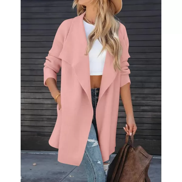 imageZESICA Womens 2023 Casual Lapel Cardigan Long Sleeve Open Front Irregular Hem Soft Knitted Sweater Coat with PocketsPink