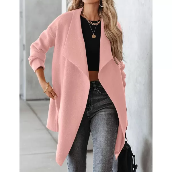 imageZESICA Womens 2023 Casual Lapel Cardigan Long Sleeve Open Front Irregular Hem Soft Knitted Sweater Coat with PocketsPink