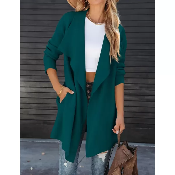 imageZESICA Womens 2023 Casual Lapel Cardigan Long Sleeve Open Front Irregular Hem Soft Knitted Sweater Coat with PocketsTealgreen