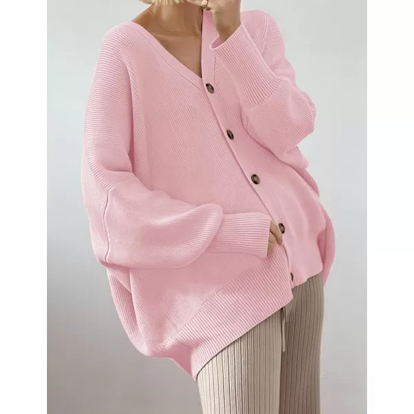 imageZESICA Womens 2023 Casual Long Sleeve Cardigan V Neck Button Down Open Front Knit Loose Oversized Sweater CoatPink