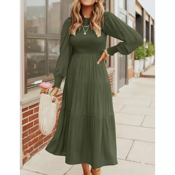 imageZESICA Womens 2023 Casual Long Sleeve Crew Neck High Waist Smocked Flowy Tiered Midi DressArmygreen