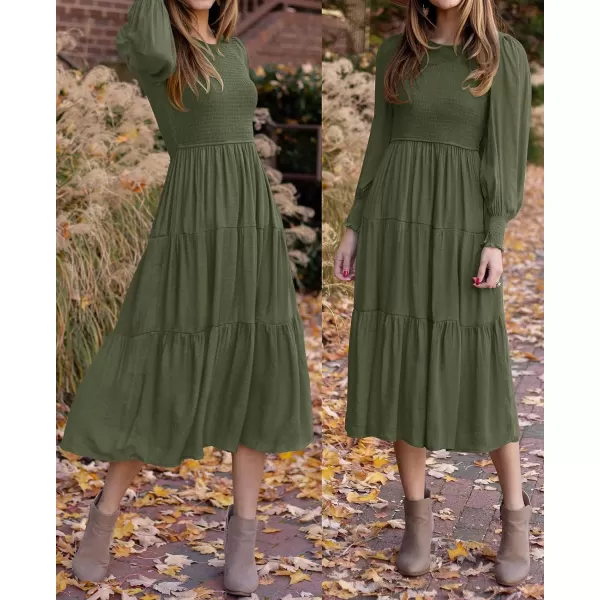 imageZESICA Womens 2023 Casual Long Sleeve Crew Neck High Waist Smocked Flowy Tiered Midi DressArmygreen