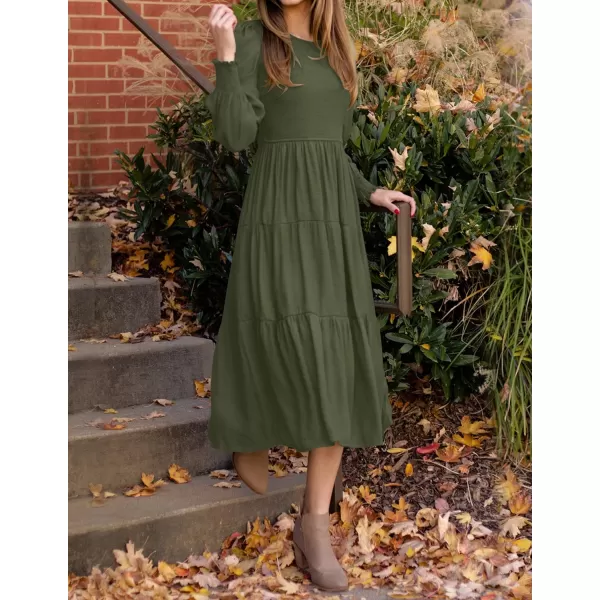 imageZESICA Womens 2023 Casual Long Sleeve Crew Neck High Waist Smocked Flowy Tiered Midi DressArmygreen