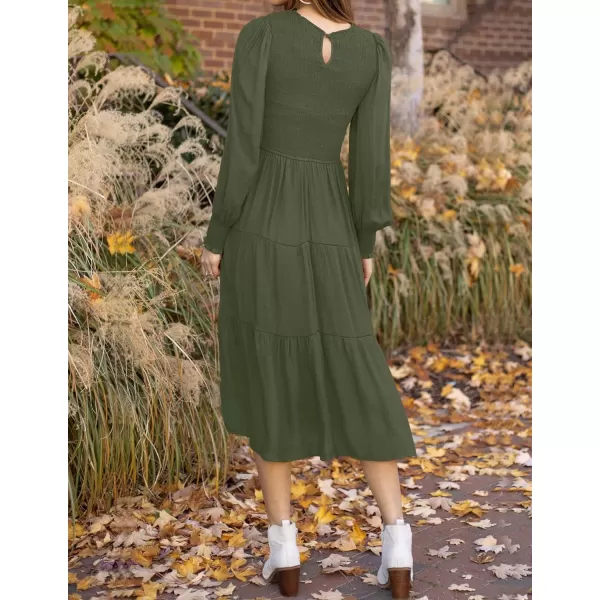 imageZESICA Womens 2023 Casual Long Sleeve Crew Neck High Waist Smocked Flowy Tiered Midi DressArmygreen