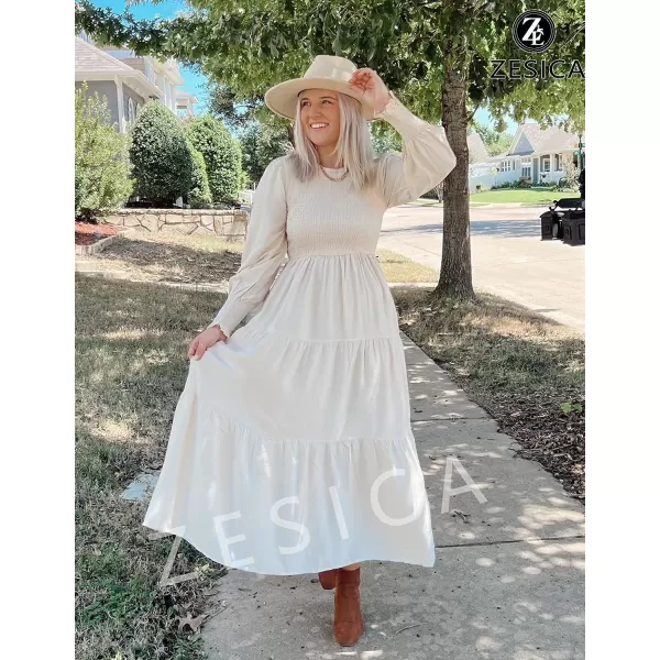 imageZESICA Womens 2023 Casual Long Sleeve Crew Neck High Waist Smocked Flowy Tiered Midi DressBeige