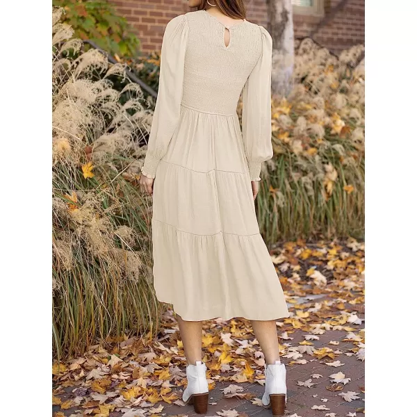imageZESICA Womens 2023 Casual Long Sleeve Crew Neck High Waist Smocked Flowy Tiered Midi DressBeige