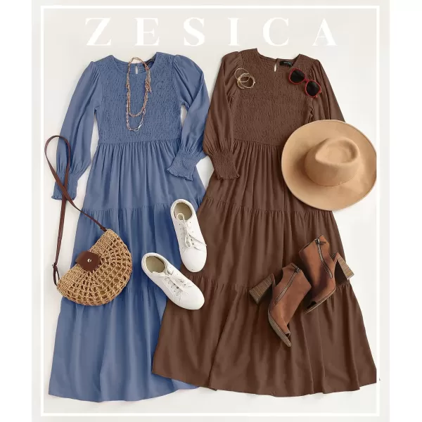 imageZESICA Womens 2023 Casual Long Sleeve Crew Neck High Waist Smocked Flowy Tiered Midi DressCoffee
