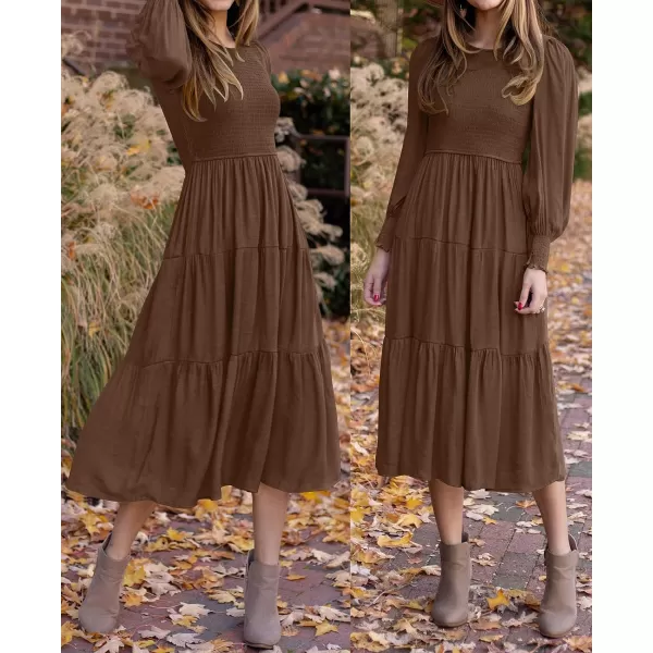 imageZESICA Womens 2023 Casual Long Sleeve Crew Neck High Waist Smocked Flowy Tiered Midi DressCoffee