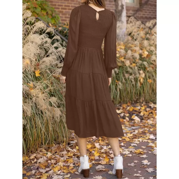 imageZESICA Womens 2023 Casual Long Sleeve Crew Neck High Waist Smocked Flowy Tiered Midi DressCoffee