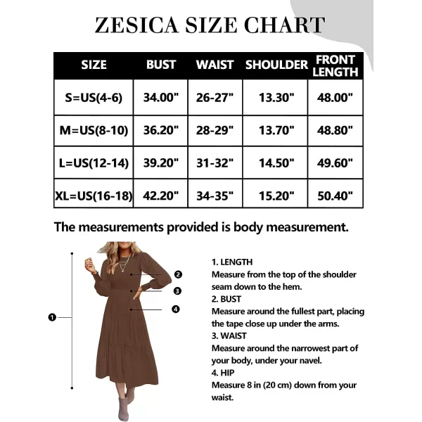 imageZESICA Womens 2023 Casual Long Sleeve Crew Neck High Waist Smocked Flowy Tiered Midi DressCoffee