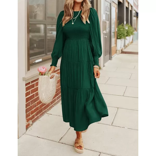 imageZESICA Womens 2023 Casual Long Sleeve Crew Neck High Waist Smocked Flowy Tiered Midi DressDarkgreen