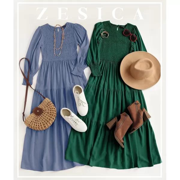 imageZESICA Womens 2023 Casual Long Sleeve Crew Neck High Waist Smocked Flowy Tiered Midi DressDarkgreen