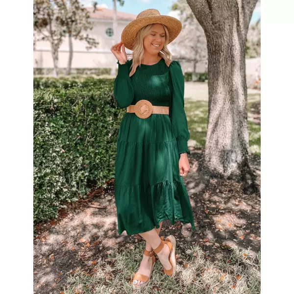 imageZESICA Womens 2023 Casual Long Sleeve Crew Neck High Waist Smocked Flowy Tiered Midi DressDarkgreen