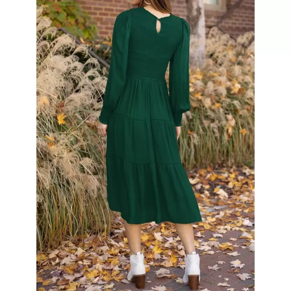 imageZESICA Womens 2023 Casual Long Sleeve Crew Neck High Waist Smocked Flowy Tiered Midi DressDarkgreen