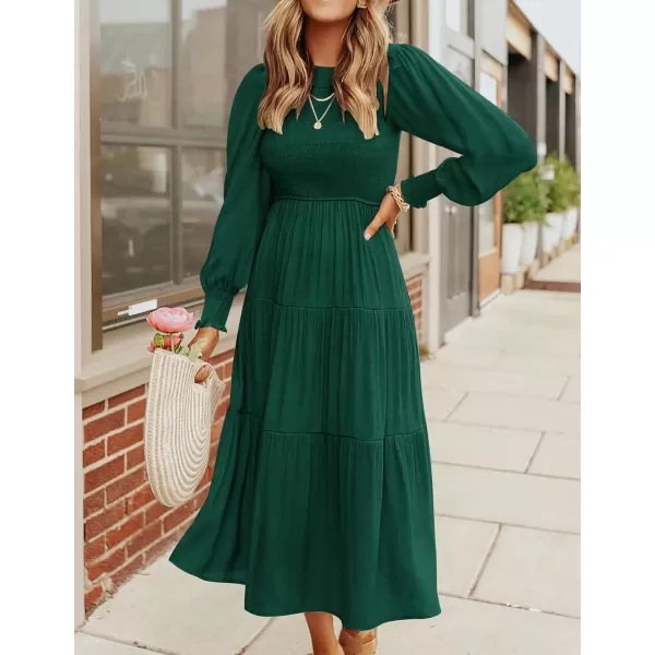 imageZESICA Womens 2023 Casual Long Sleeve Crew Neck High Waist Smocked Flowy Tiered Midi DressDarkgreen