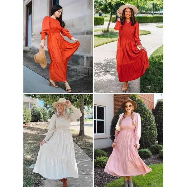 imageZESICA Womens 2023 Casual Long Sleeve Crew Neck High Waist Smocked Flowy Tiered Midi DressDarkgreen