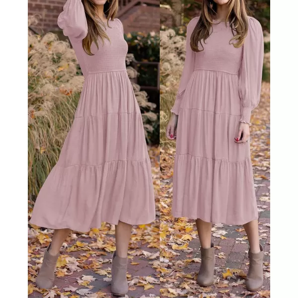 imageZESICA Womens 2023 Casual Long Sleeve Crew Neck High Waist Smocked Flowy Tiered Midi DressDarkpink