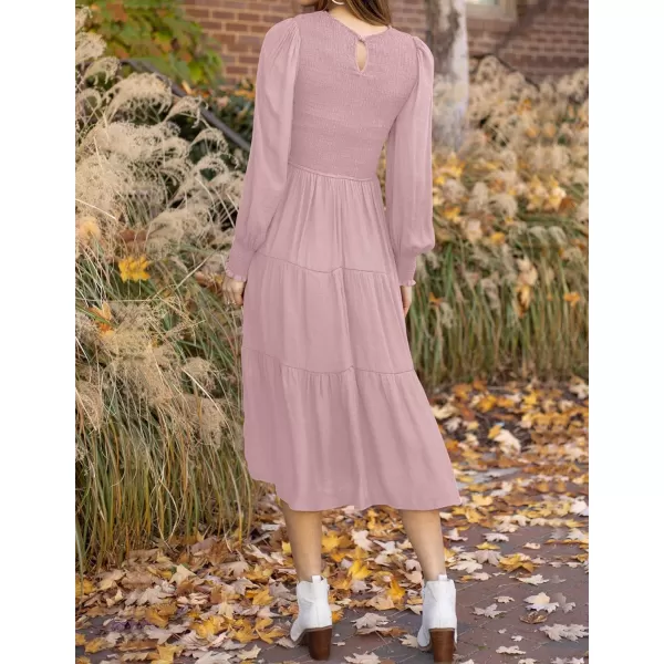 imageZESICA Womens 2023 Casual Long Sleeve Crew Neck High Waist Smocked Flowy Tiered Midi DressDarkpink