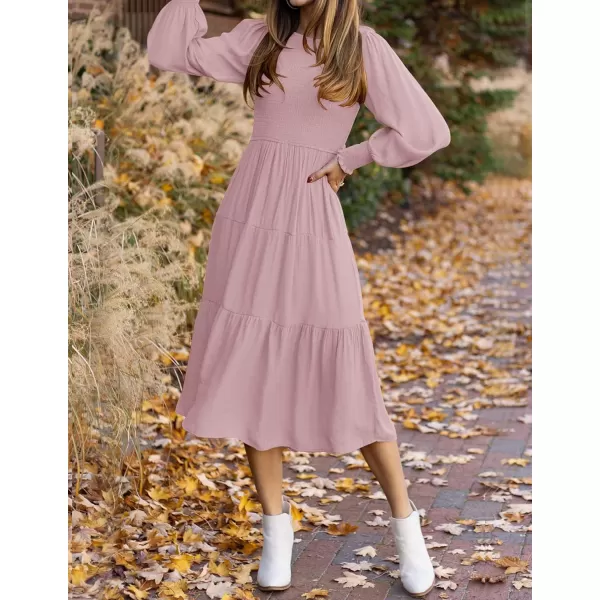 imageZESICA Womens 2023 Casual Long Sleeve Crew Neck High Waist Smocked Flowy Tiered Midi DressDarkpink