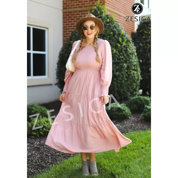 imageZESICA Womens 2023 Casual Long Sleeve Crew Neck High Waist Smocked Flowy Tiered Midi DressDarkpink