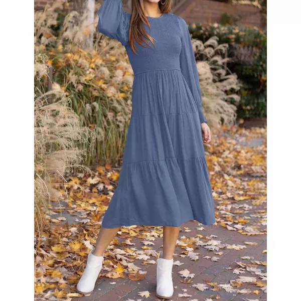 imageZESICA Womens 2023 Casual Long Sleeve Crew Neck High Waist Smocked Flowy Tiered Midi DressDustyblue