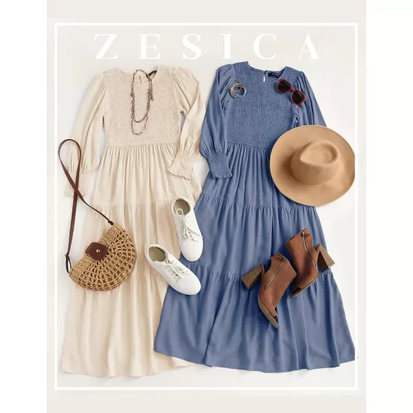 imageZESICA Womens 2023 Casual Long Sleeve Crew Neck High Waist Smocked Flowy Tiered Midi DressDustyblue