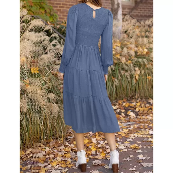 imageZESICA Womens 2023 Casual Long Sleeve Crew Neck High Waist Smocked Flowy Tiered Midi DressDustyblue