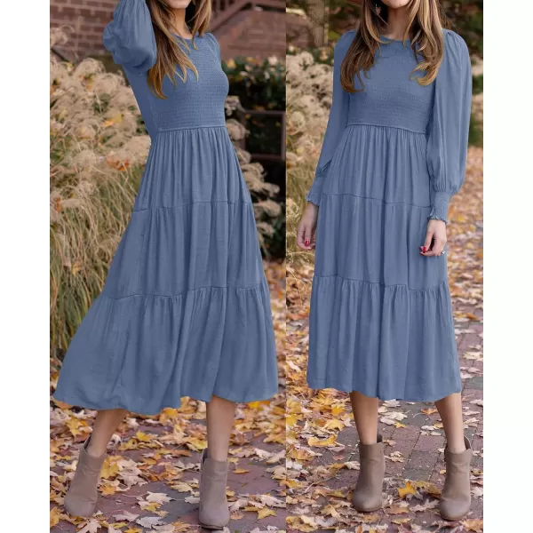 imageZESICA Womens 2023 Casual Long Sleeve Crew Neck High Waist Smocked Flowy Tiered Midi DressDustyblue